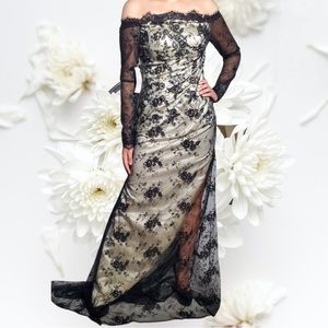 Nude Black Lace Dress - Sequin Sheer Train - Off Shoulder - Long Sleeve SZ 4 NWT